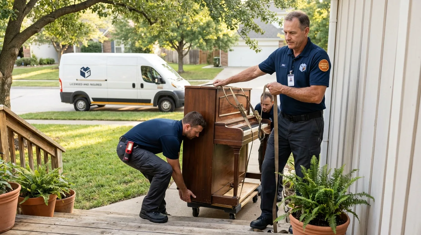 Licensed piano movers securing grand piano in Snowmass Village, CO
