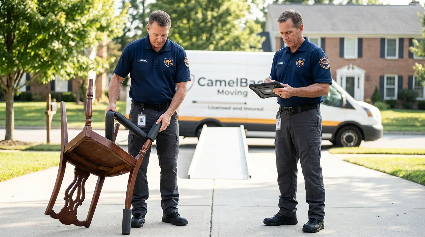 Movers inspecting furniture for damage prevention before loading in Snowmass Village, CO
