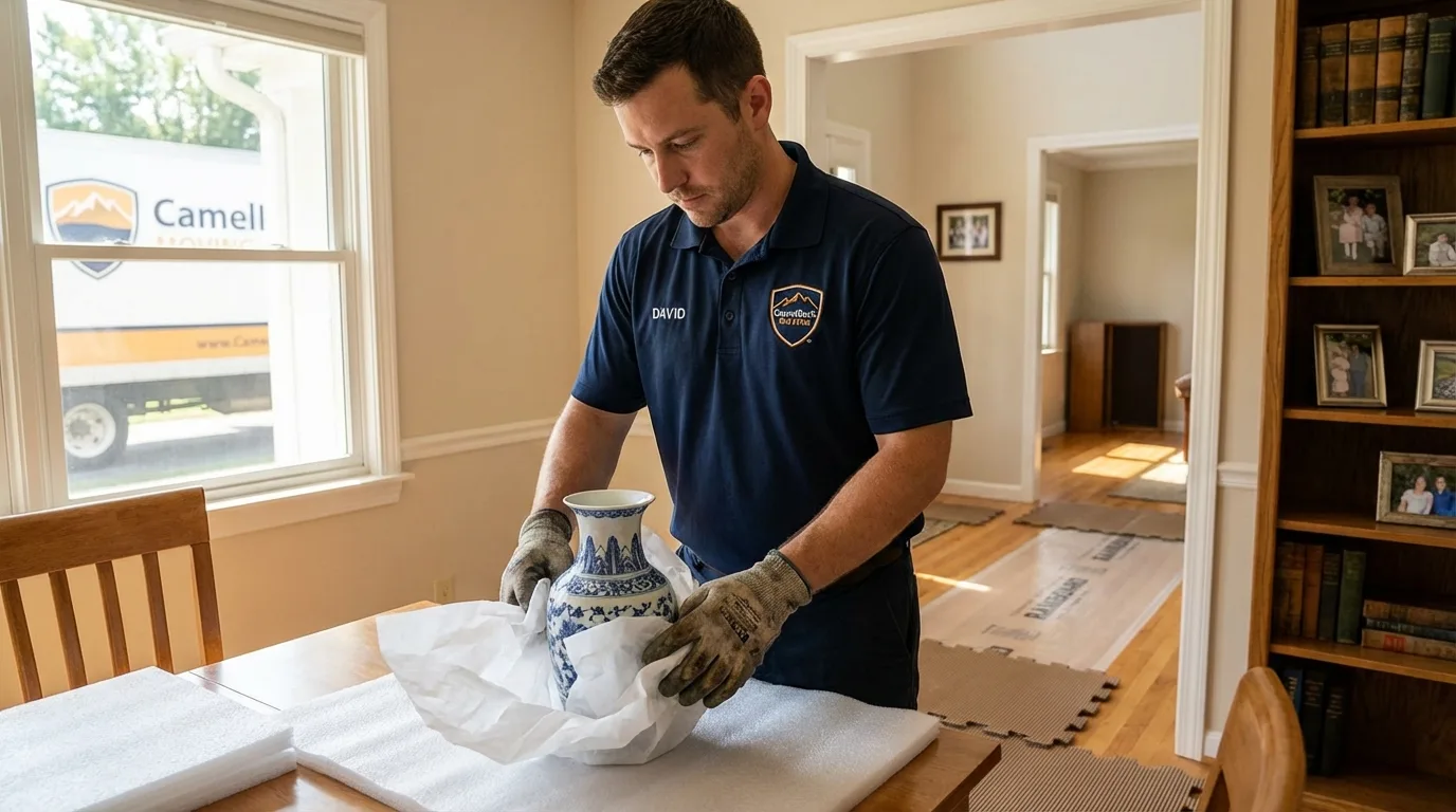 Professional crew carefully wrapping antique vase for senior downsizing move in Snowmass Village, CO